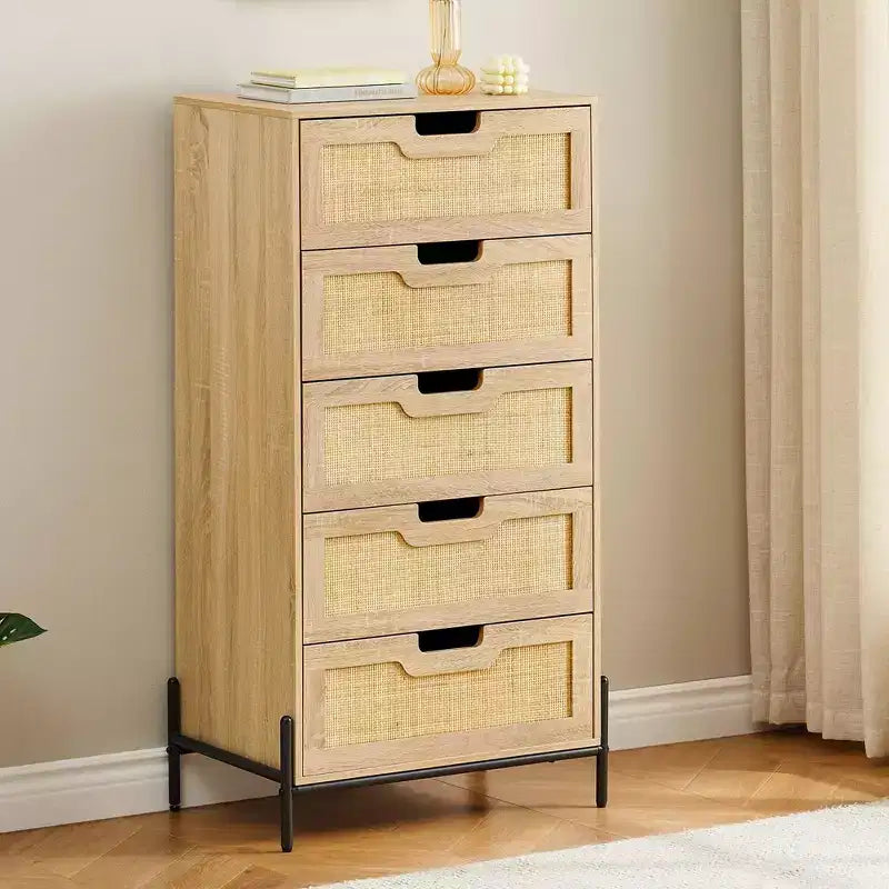 Commode à 5 tiroirs Black+Oak / Oak Rattan, meuble de rangement avec pieds