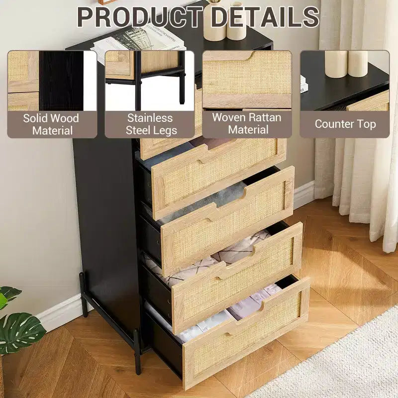 Commode à 5 tiroirs Black+Oak / Oak Rattan, meuble de rangement avec pieds
