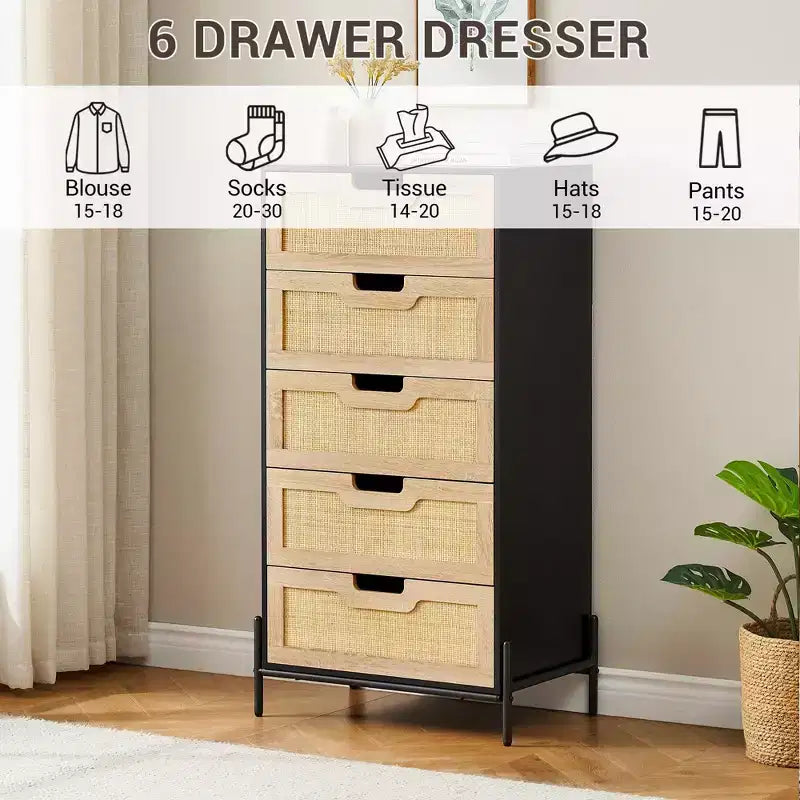 Commode à 5 tiroirs Black+Oak / Oak Rattan, meuble de rangement avec pieds