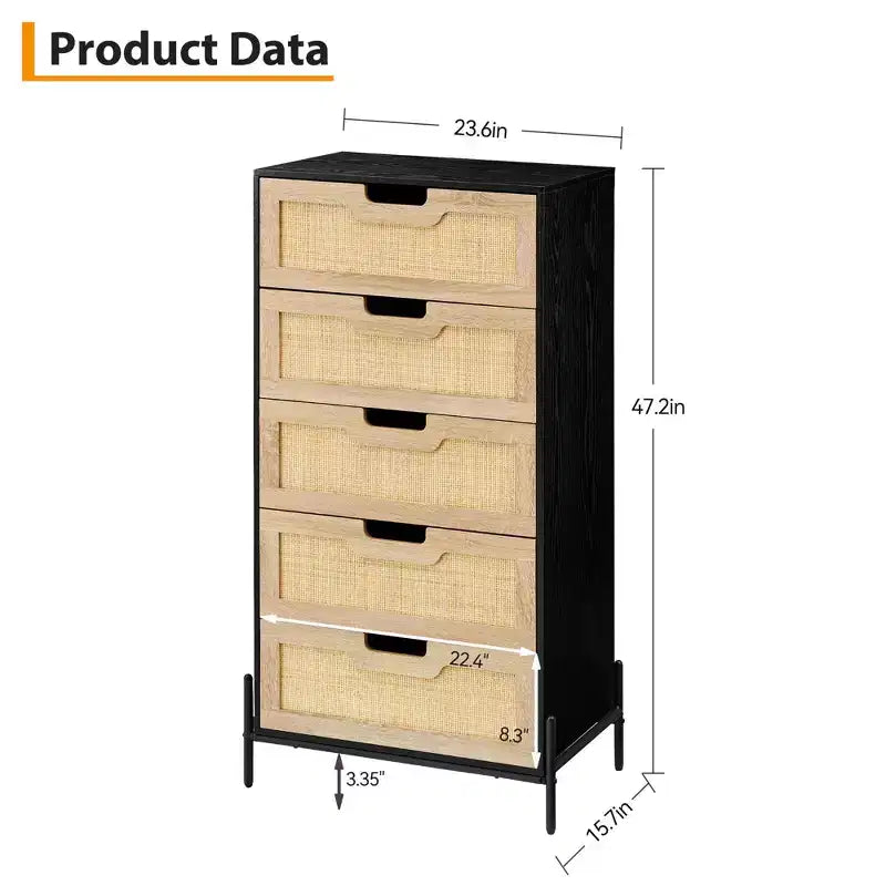 Commode à 5 tiroirs Black+Oak / Oak Rattan, meuble de rangement avec pieds