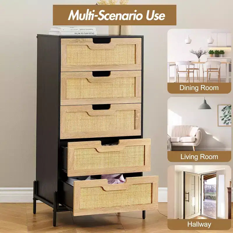 Commode à 5 tiroirs Black+Oak / Oak Rattan, meuble de rangement avec pieds