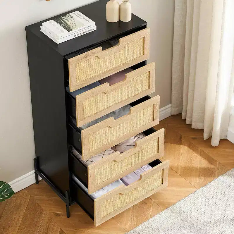 Commode à 5 tiroirs Black+Oak / Oak Rattan, meuble de rangement avec pieds
