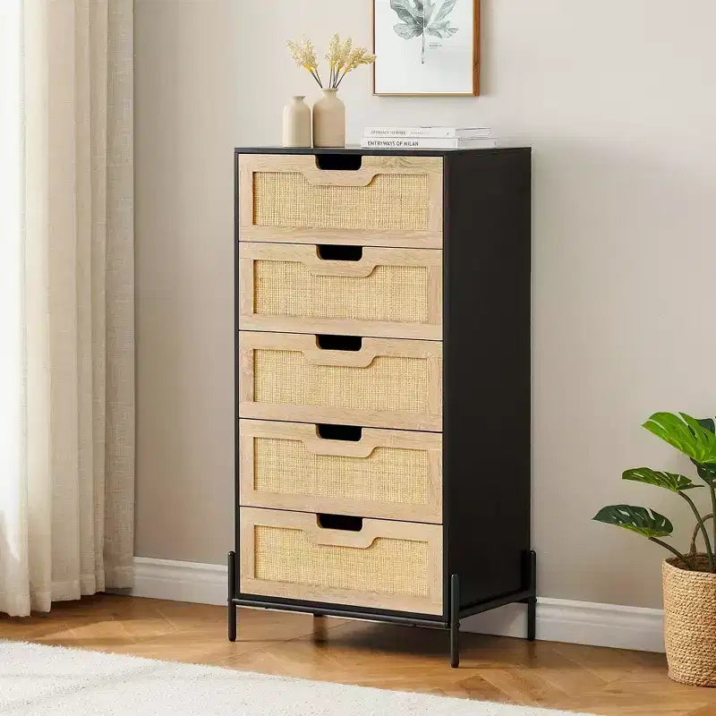 Commode à 5 tiroirs Black+Oak / Oak Rattan, meuble de rangement avec pieds