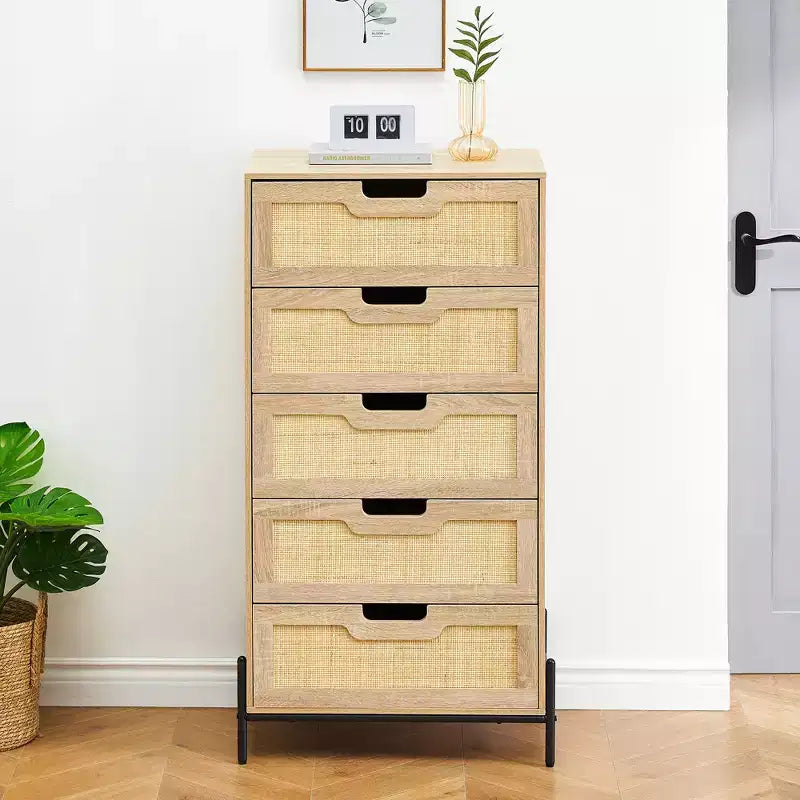 Commode à 5 tiroirs Black+Oak / Oak Rattan, meuble de rangement avec pieds