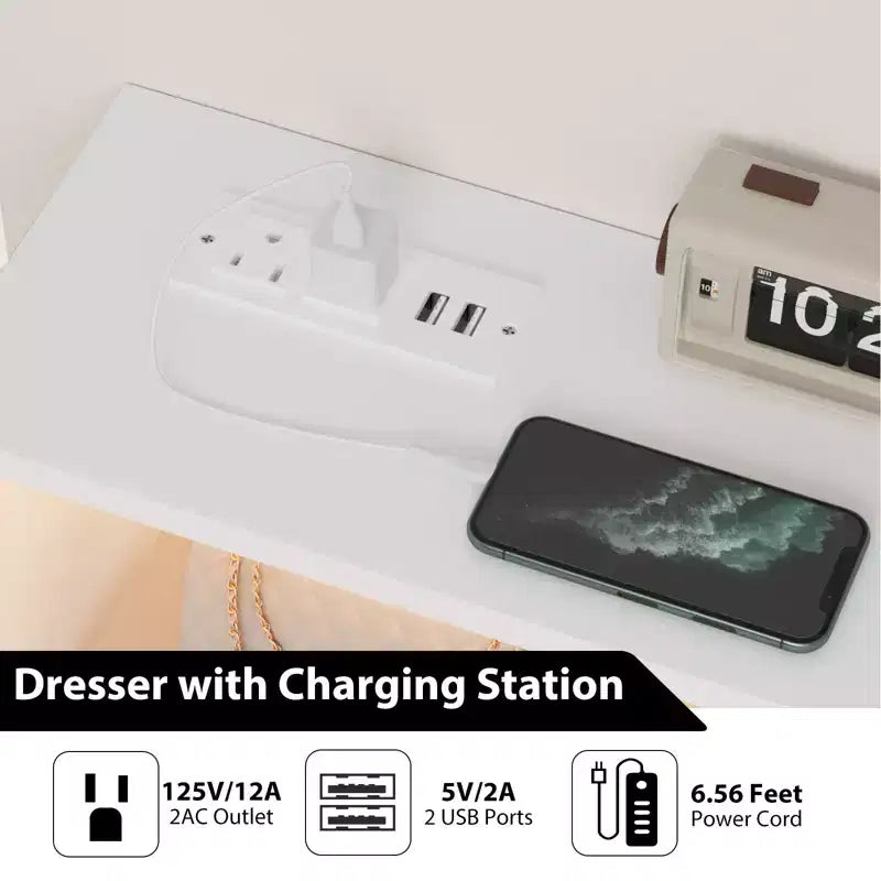 Commode 6 tiroirs noir/blanc avec lumière LED et station de charge, bois et métal, 119 cm