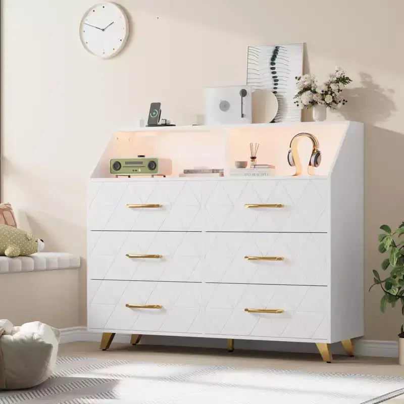 Commode 6 tiroirs noir/blanc avec lumière LED et station de charge, bois et métal, 119 cm