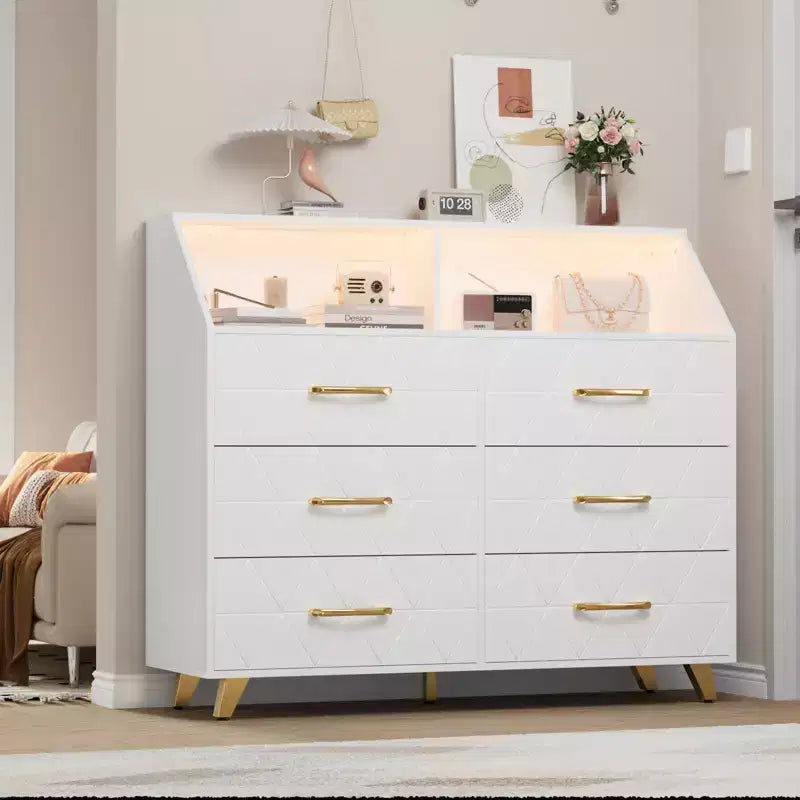 Commode 6 tiroirs noir/blanc avec lumière LED et station de charge, bois et métal, 119 cm