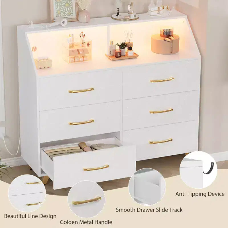 Commode 6 tiroirs noir/blanc avec lumière LED et station de charge, bois et métal, 119 cm