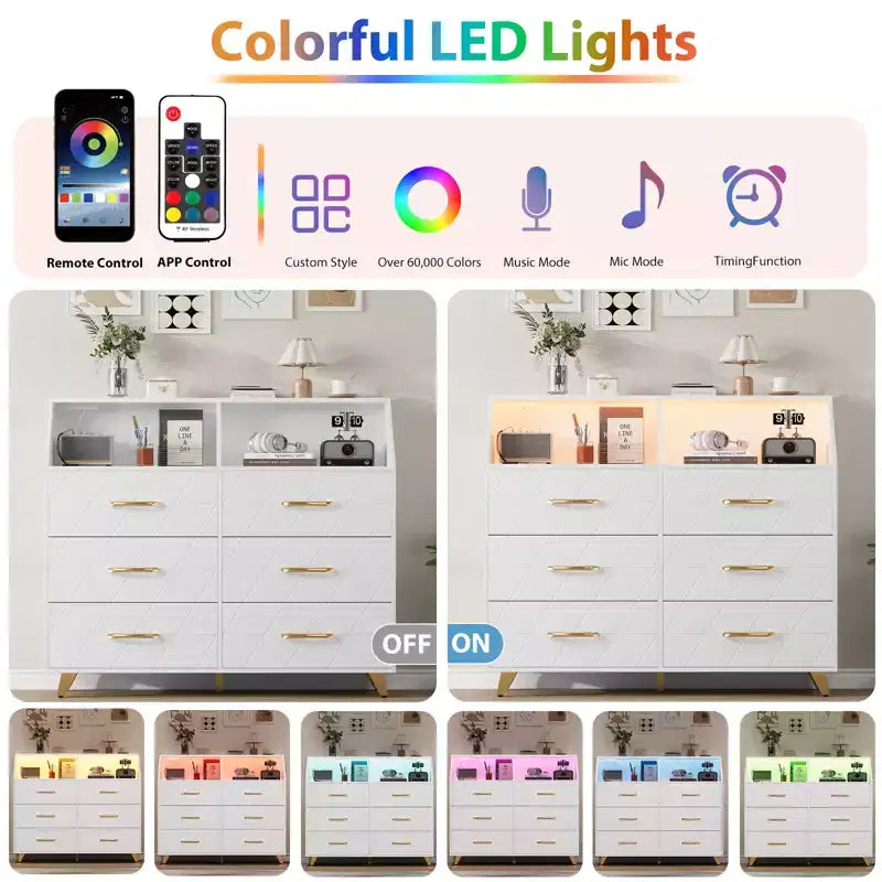Commode 6 tiroirs noir/blanc avec lumière LED et station de charge, bois et métal, 119 cm