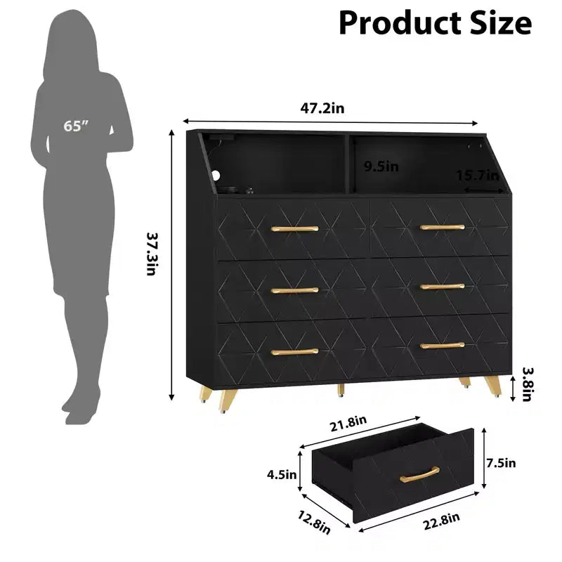 Commode 6 tiroirs noir/blanc avec lumière LED et station de charge, bois et métal, 119 cm