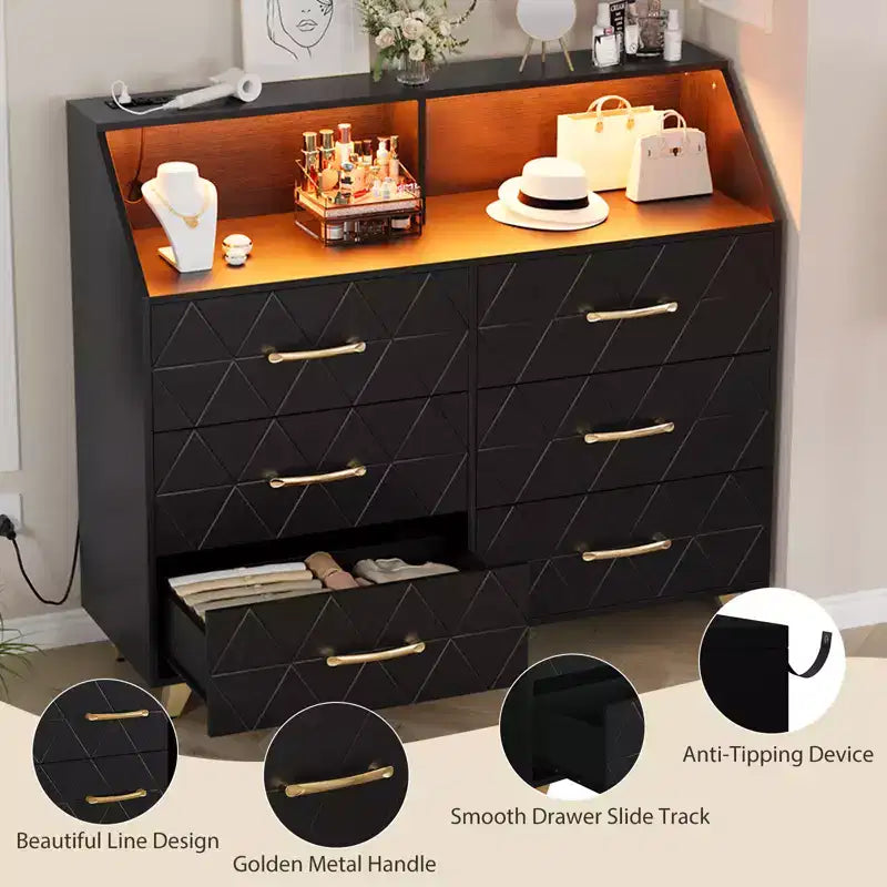 Commode 6 tiroirs noir/blanc avec lumière LED et station de charge, bois et métal, 119 cm