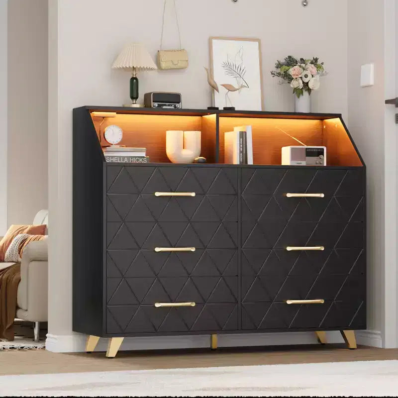Commode 6 tiroirs noir/blanc avec lumière LED et station de charge, bois et métal, 119 cm