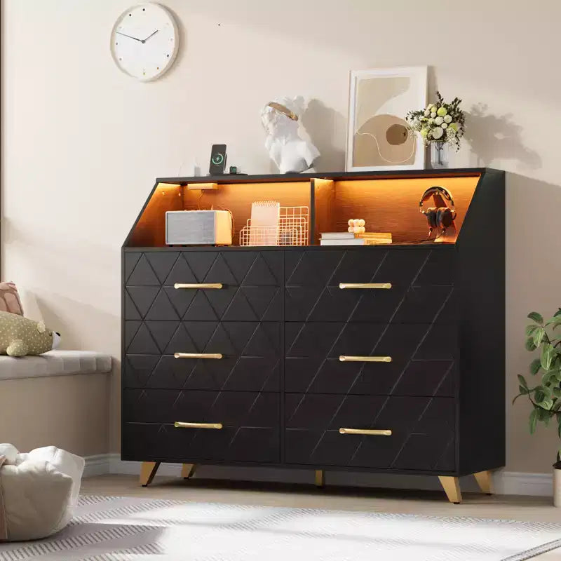 Commode 6 tiroirs noir/blanc avec lumière LED et station de charge, bois et métal, 119 cm