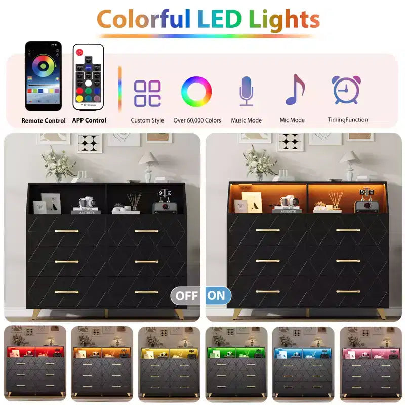 Commode 6 tiroirs noir/blanc avec lumière LED et station de charge, bois et métal, 119 cm