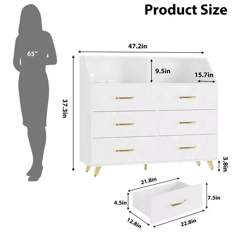 Commode 6 tiroirs noir/blanc avec lumière LED et station de charge, bois et métal, 119 cm