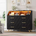 COZONY 47 Black Chest of Drawers Lighted 6-Drawer Dresser w/Charging Station & Storage Shelf Wooden Dresser with Metal Legs for Bedroom Living Room