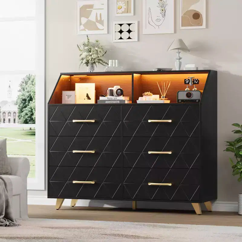 COZONY 47 Black Chest of Drawers Lighted 6-Drawer Dresser w/Charging Station & Storage Shelf Wooden Dresser with Metal Legs for Bedroom Living Room