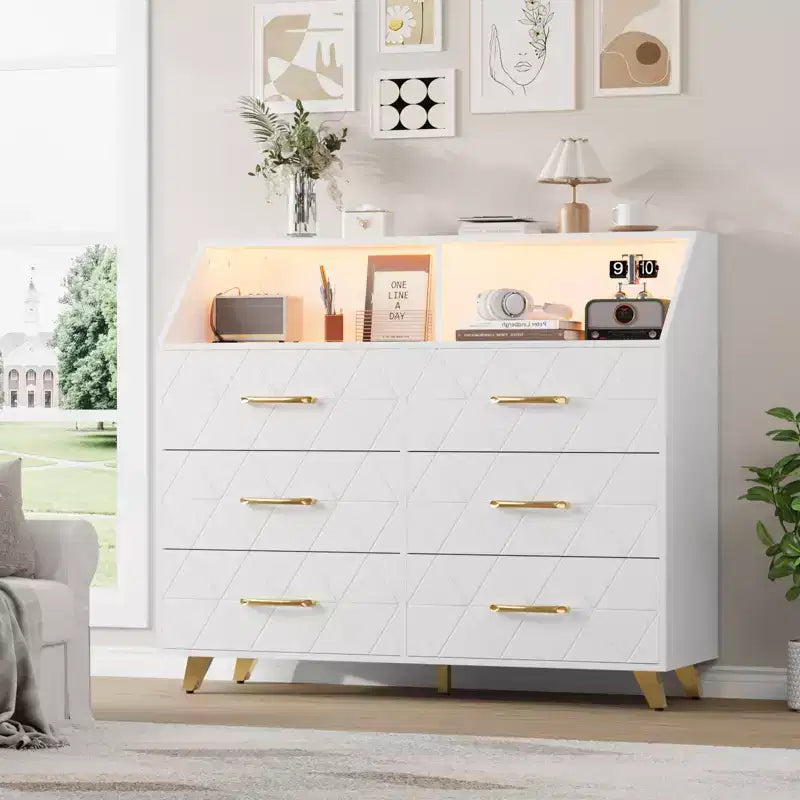 Commode 6 tiroirs noir/blanc avec lumière LED et station de charge, bois et métal, 119 cm