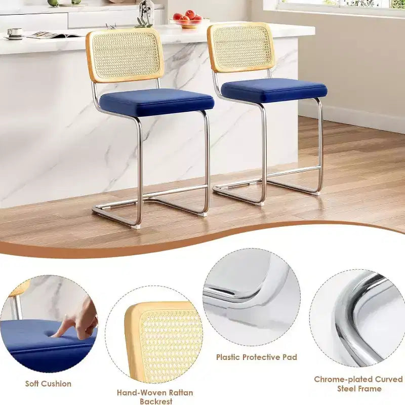 Tabourets de bar hauteur comptoir, revêtement velours, dossier en rotin, Bleu / Gris foncé / Gris / Blanc, Lot de 2