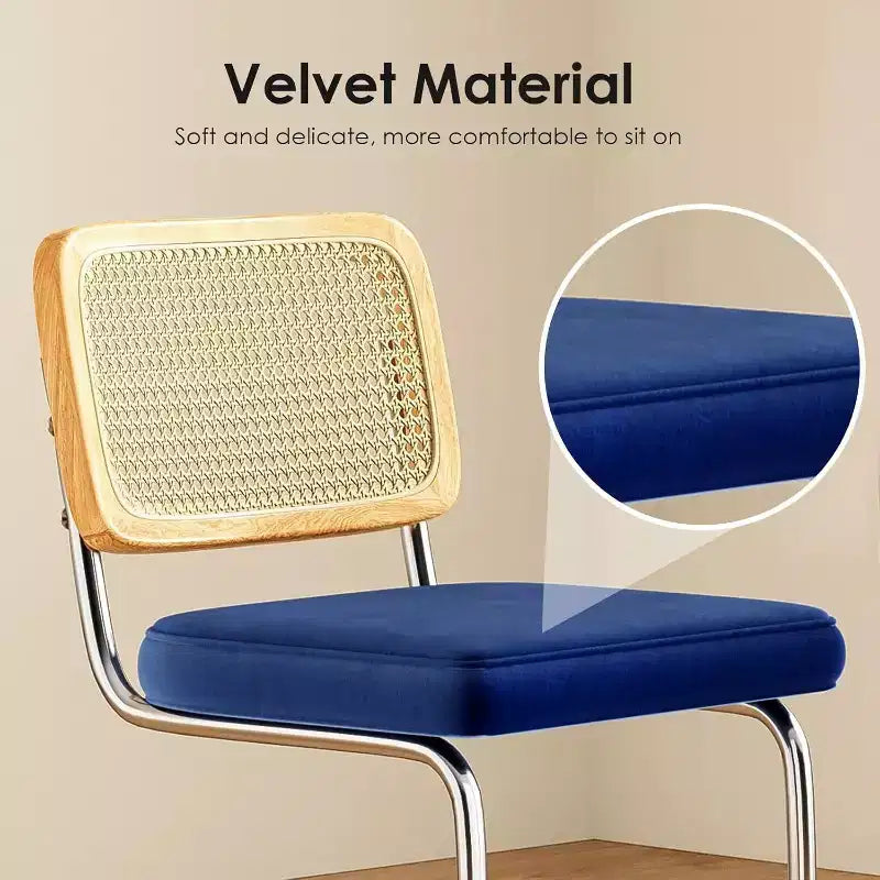 Tabourets de bar hauteur comptoir, revêtement velours, dossier en rotin, Bleu / Gris foncé / Gris / Blanc, Lot de 2