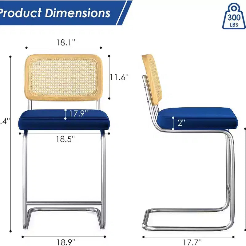 Tabourets de bar hauteur comptoir, revêtement velours, dossier en rotin, Bleu / Gris foncé / Gris / Blanc, Lot de 2