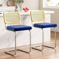Royal Blue Counter Height Bar Stools Set of 2 Upholstered Velvet Barstools with Rattan Back 24 inch Stools Armless Bar Chairs for Kitchen Island