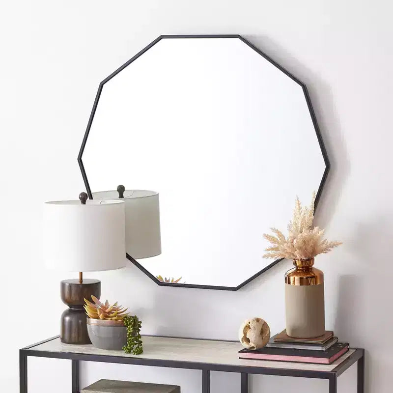 Miroir Mural Décagonal Noir / Laiton / Argent / Blanc – Encadré, Simple, 91,44 cm × 91,44 cm
