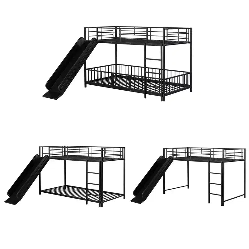 Lit superposé métallique noir/blanc, jumeau sur jumeau, avec toboggan et garde-corps pour 2 enfants