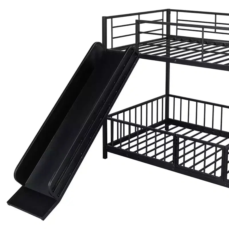 Lit superposé métallique noir/blanc, jumeau sur jumeau, avec toboggan et garde-corps pour 2 enfants