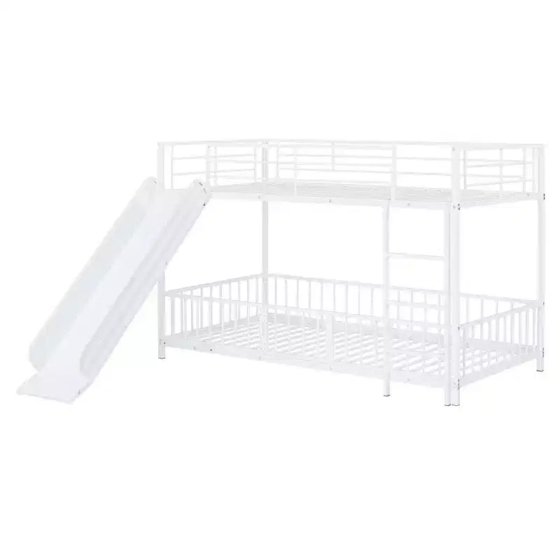Lit superposé métallique noir/blanc, jumeau sur jumeau, avec toboggan et garde-corps pour 2 enfants