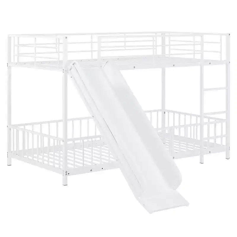 Lit superposé métallique noir/blanc, jumeau sur jumeau, avec toboggan et garde-corps pour 2 enfants