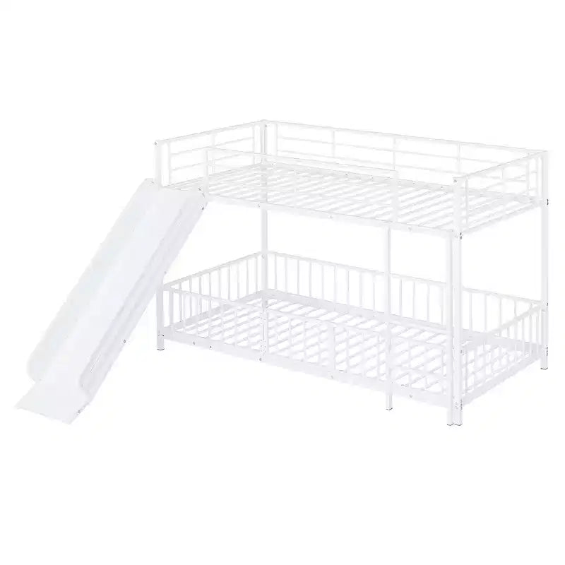 Lit superposé métallique noir/blanc, jumeau sur jumeau, avec toboggan et garde-corps pour 2 enfants