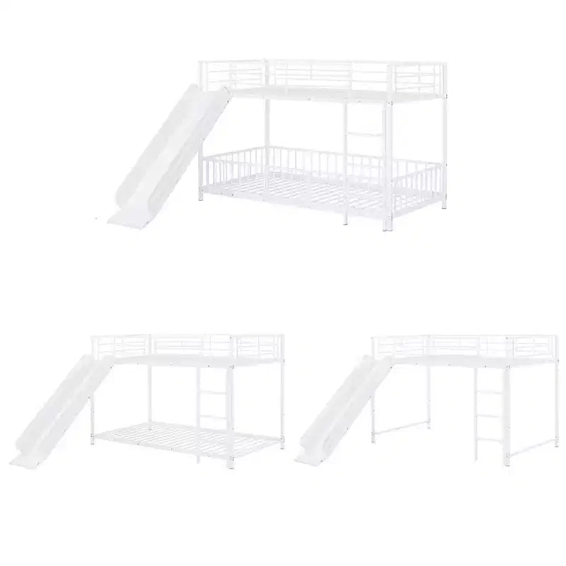 Lit superposé métallique noir/blanc, jumeau sur jumeau, avec toboggan et garde-corps pour 2 enfants