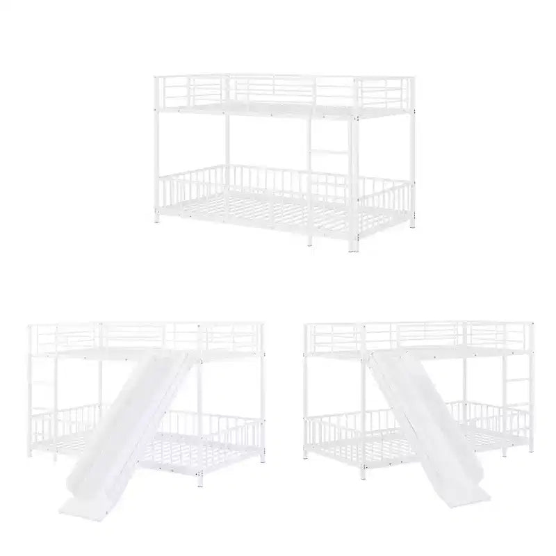 Lit superposé métallique noir/blanc, jumeau sur jumeau, avec toboggan et garde-corps pour 2 enfants