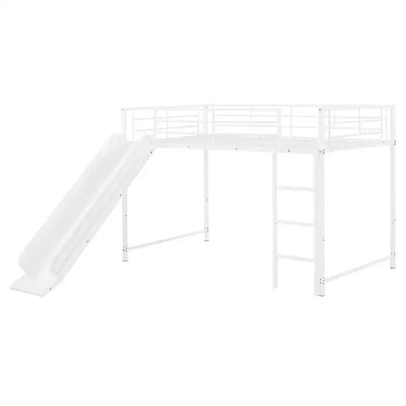 Lit superposé métallique noir/blanc, jumeau sur jumeau, avec toboggan et garde-corps pour 2 enfants