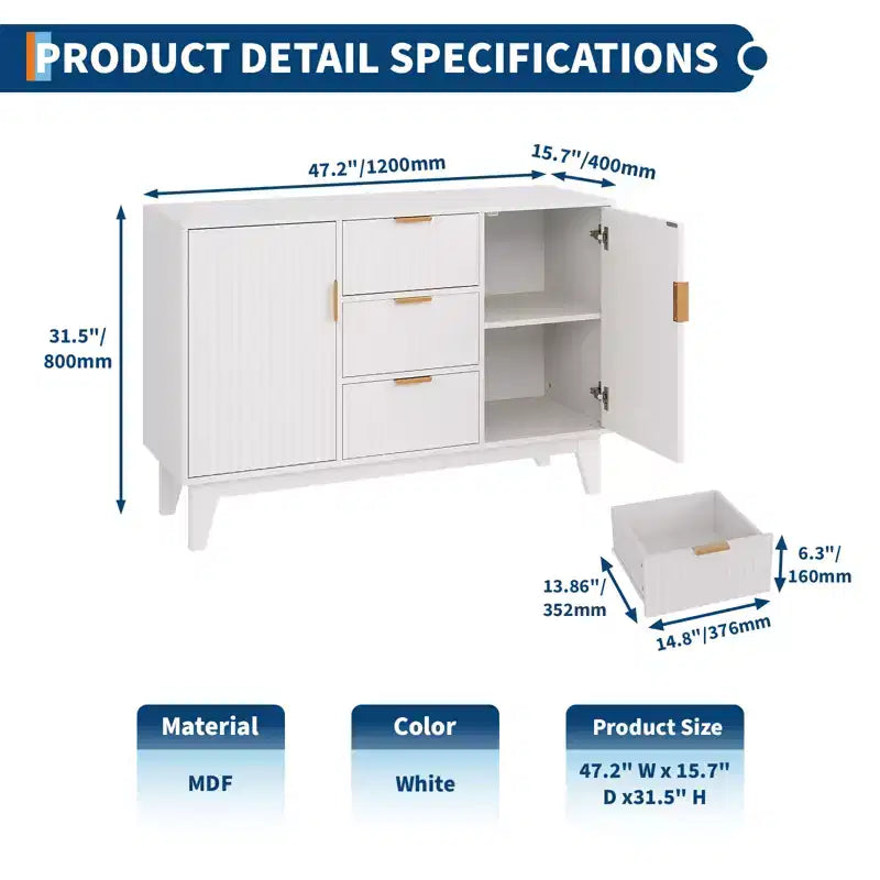 Bahut/buffet rainuré, chêne/blanc, 3 tiroirs et 2 portes