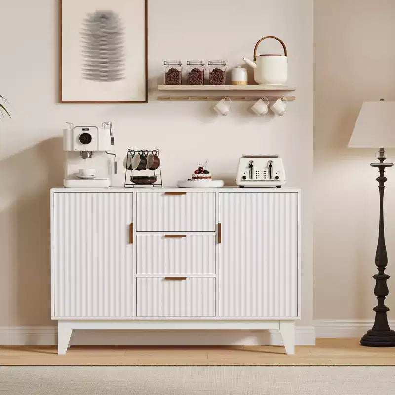 Bahut/buffet rainuré, chêne/blanc, 3 tiroirs et 2 portes