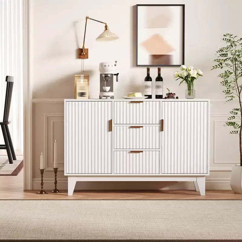 Bahut/buffet rainuré, chêne/blanc, 3 tiroirs et 2 portes