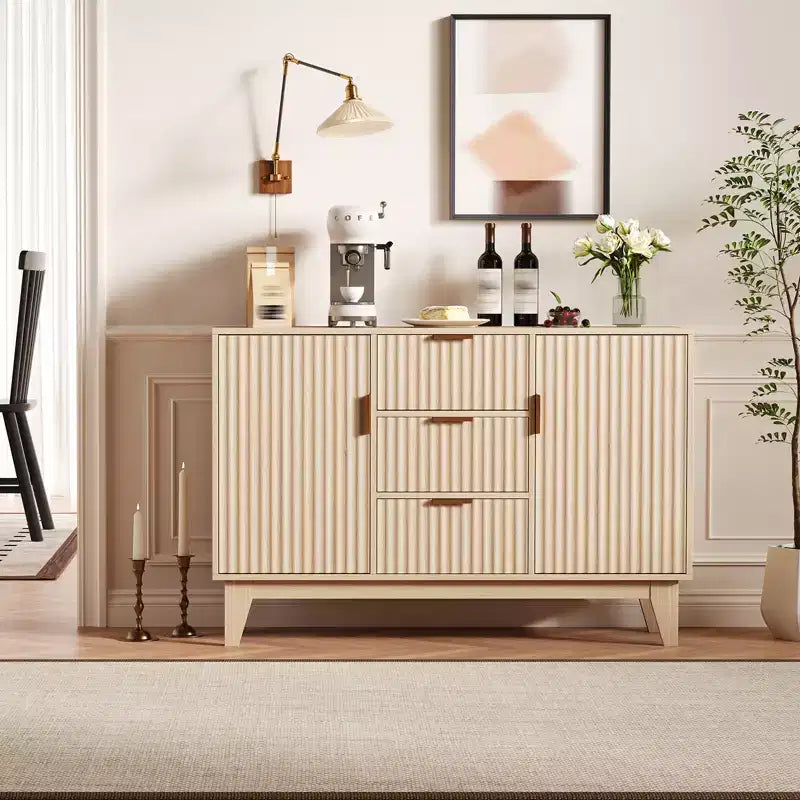 Bahut/buffet rainuré, chêne/blanc, 3 tiroirs et 2 portes