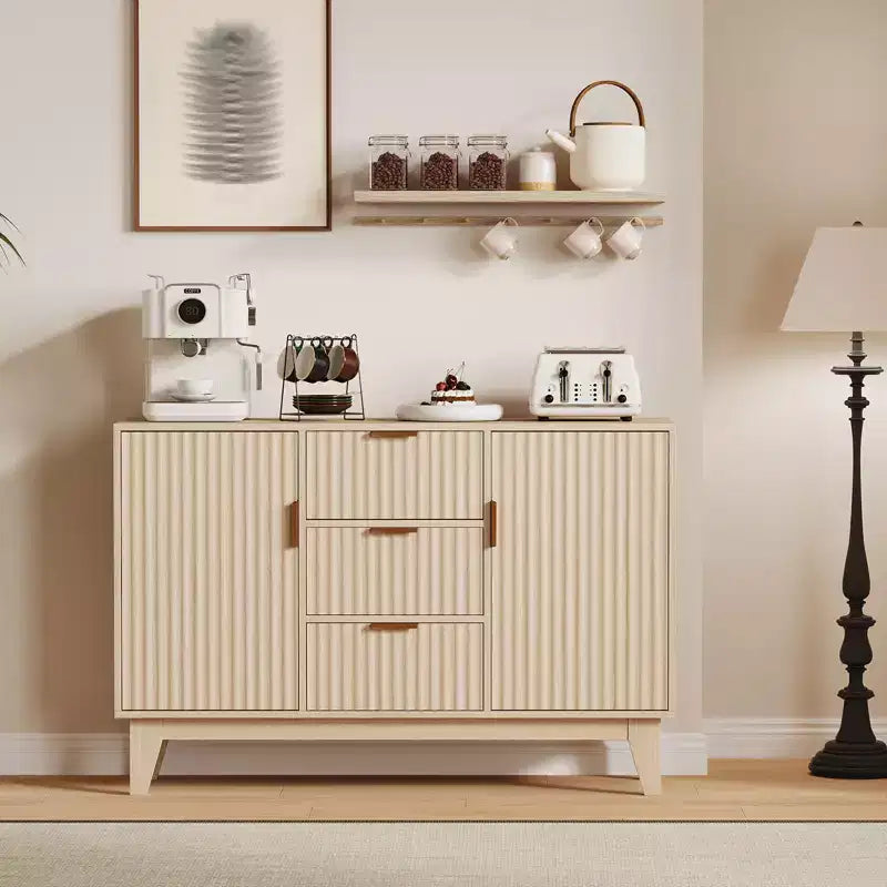 Bahut/buffet rainuré, chêne/blanc, 3 tiroirs et 2 portes