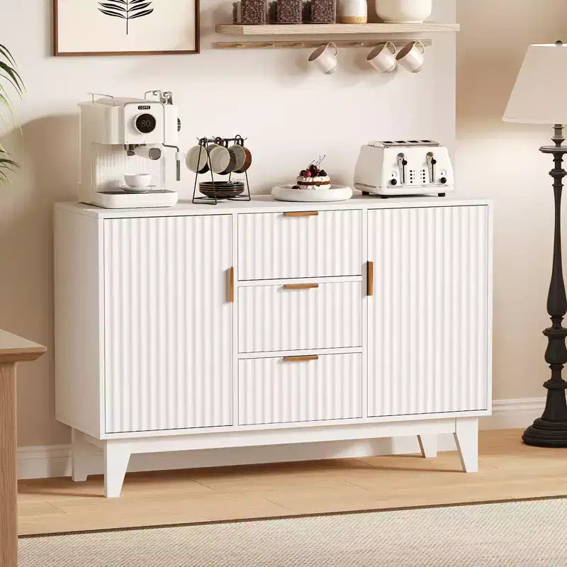 Bahut/buffet rainuré, chêne/blanc, 3 tiroirs et 2 portes