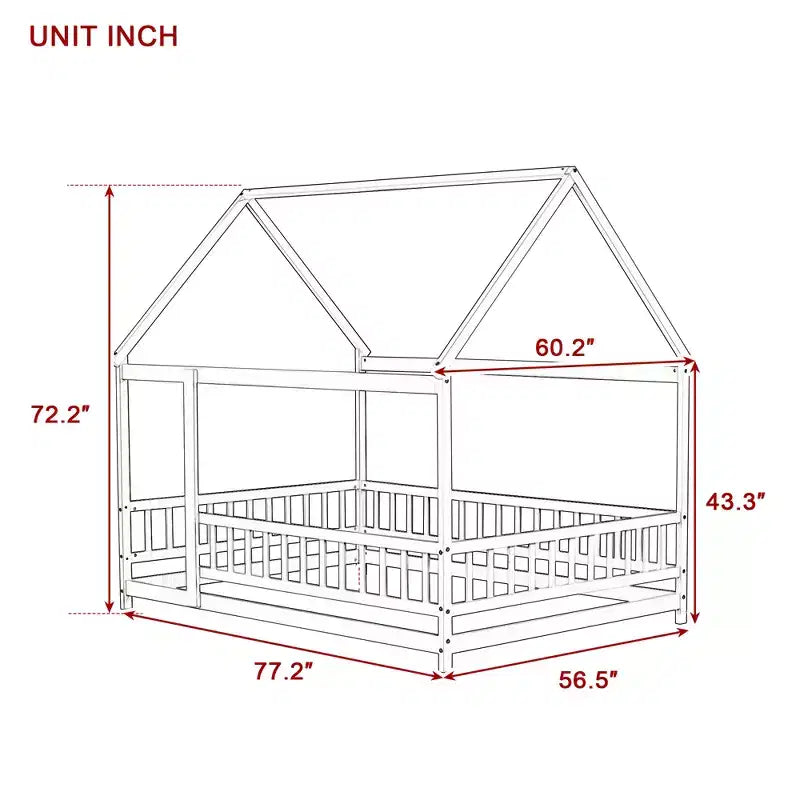 Lit cabane en bois naturel avec clôture et toit — Pour 1 enfant (7 ans et plus)