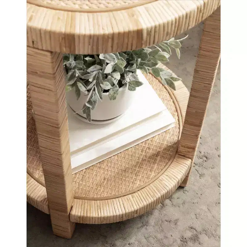 Table d'appoint ronde en rotin marron, 2 niveaux, disponible en 3 tailles