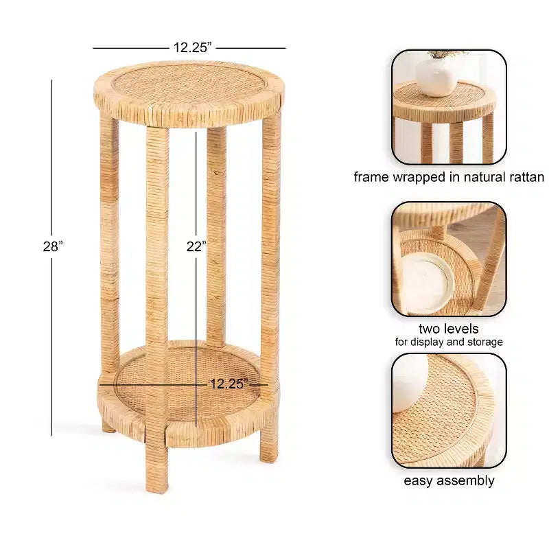 Table d'appoint ronde en rotin marron, 2 niveaux, disponible en 3 tailles