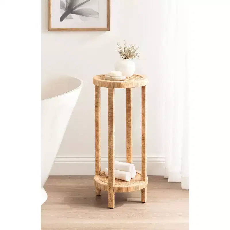 Table d'appoint ronde en rotin marron, 2 niveaux, disponible en 3 tailles