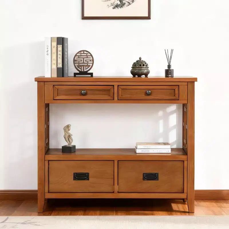 Hostack 36'' Farmhouse Wood Console Table with 4 Drawers and 1 Storage Shelf for Entryway and Living Room , Brown
