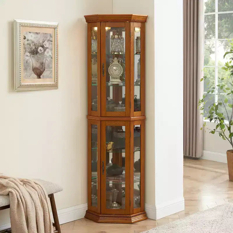 Vitrine d'angle en merisier/chêne/noyer avec portes vitrées et étagères réglables, vitrine à 2 portes