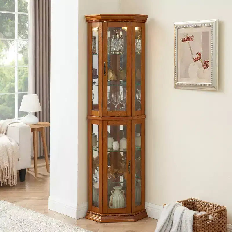 Vitrine d'angle en merisier/chêne/noyer avec portes vitrées et étagères réglables, vitrine à 2 portes