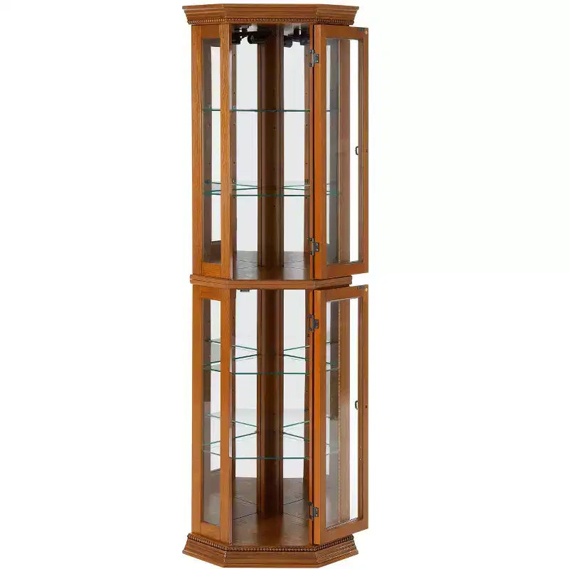 Vitrine d'angle en merisier/chêne/noyer avec portes vitrées et étagères réglables, vitrine à 2 portes