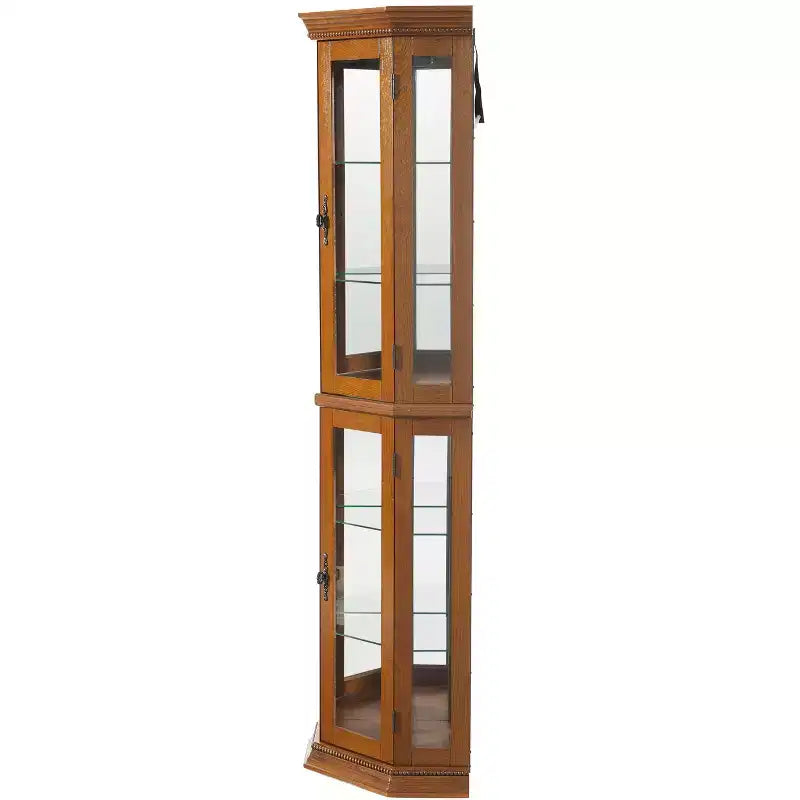 Vitrine d'angle en merisier/chêne/noyer avec portes vitrées et étagères réglables, vitrine à 2 portes
